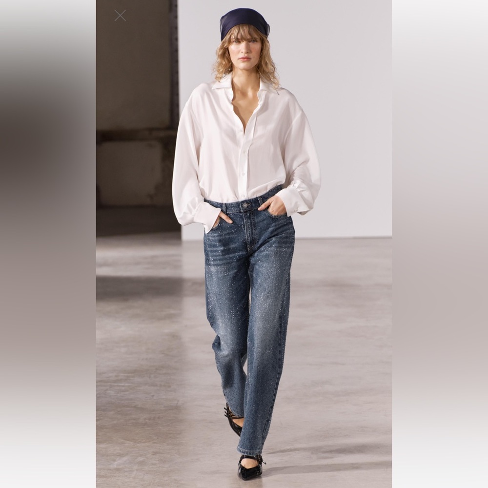 ZARA RHINESTONE JEANS STRAIGHT CUT MID RISE ZW COLLECTION